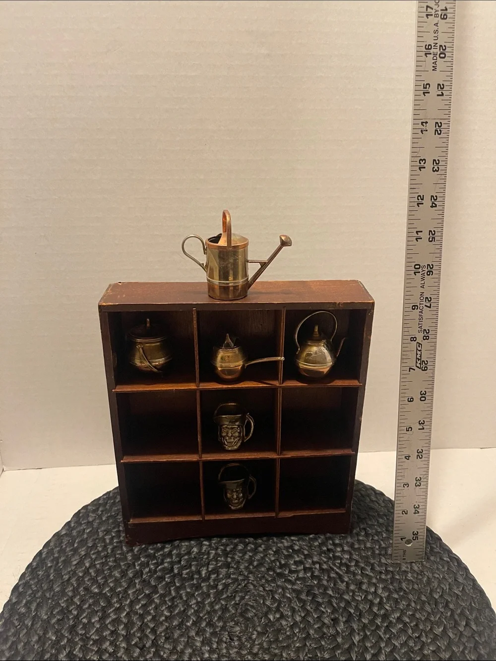 Brass Miniature Tea and Watering Can Set Gold and Brown w/wood shelf, vintage